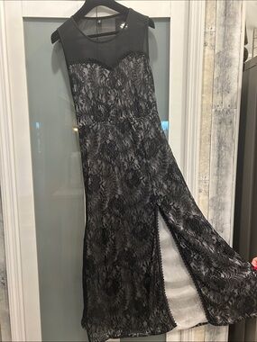 Black Lace Overlay Evening Dress